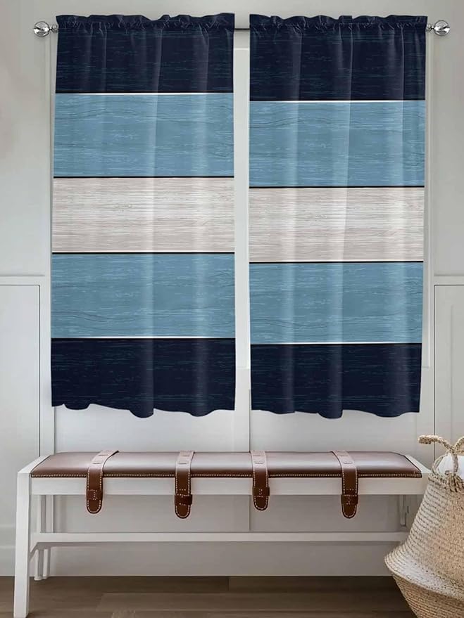 Vintage Country Woodcuts Window Valance Curtains, Blue Gradient Striped Light Filtering Kitchen Valance with 3-inch Rod Pocket for Living Room Bathroom Bedroom,2 Panel,52x72In