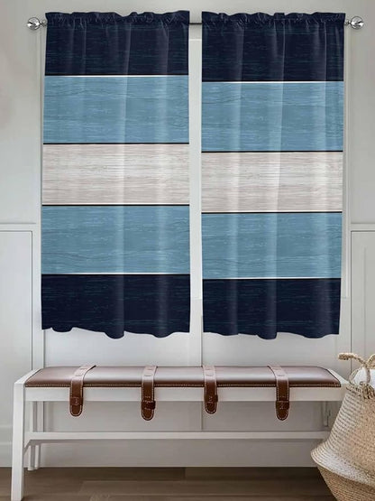 Vintage Country Woodcuts Window Valance Curtains, Blue Gradient Striped Light Filtering Kitchen Valance with 3-inch Rod Pocket for Living Room Bathroom Bedroom,2 Panel,52x72In