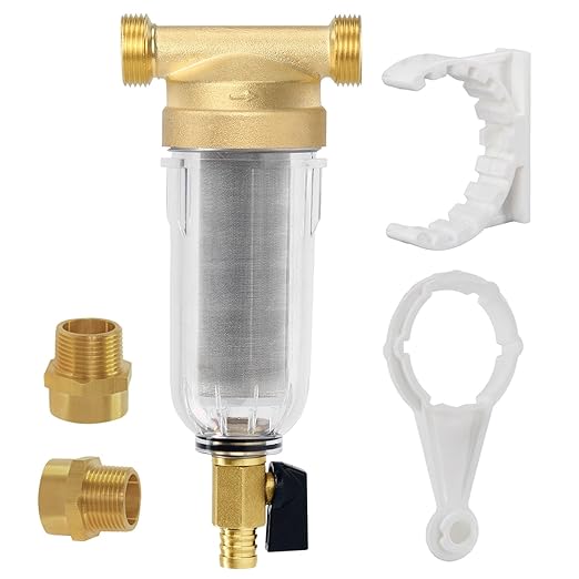Whole House Spin Down Sediment Water Filter, 40 Micron, Reusable and Flushable Prefilter, 1" MNPT + 3/4" FNPT + 3/4" MNPT for City/Well Water, Lead-Free Brass, BPA-Free