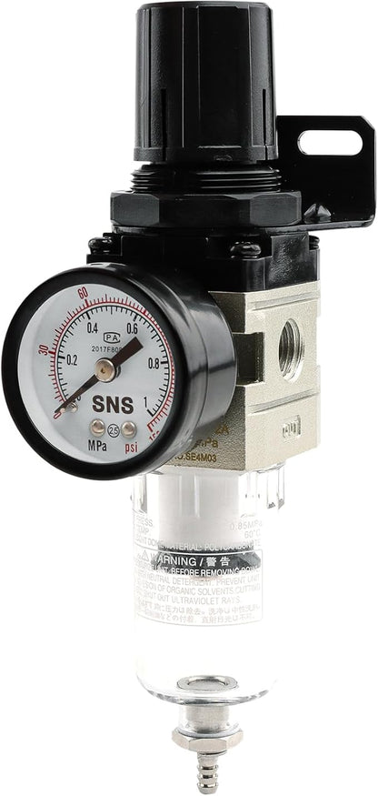 SNS Compressed Air Filter Regulator Piggyback Combo 1/4”NPT- Semi-auto Drain, Bracket, Gauge Poly Bowl AW2000-N02A