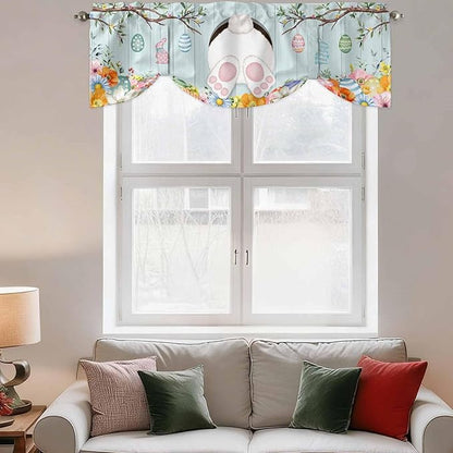 Easter Bunny Tie Up Valance Curtains for Windows, Kitchen Curtains Window Shades, Easter Eggs Spring Farmhouse Wood Grain Teal Blue Light Filtering Curtain Valances for Bedroom/Bathroom/Cafe 42"x18"