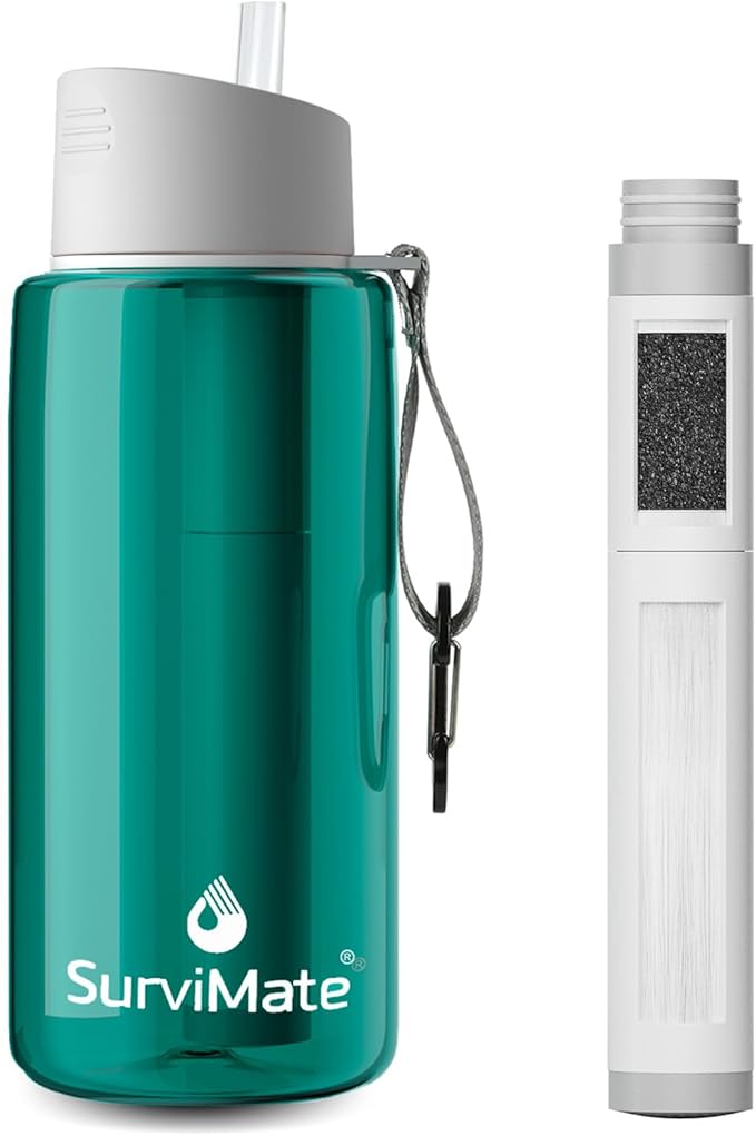 SurviMate 5-Stage 0.01μm Ultra-Filtration Filtered Water Bottle, BPA-Free Material, NSF/ANSI 42&372 Certified, Portable Water Filter Bottle for Survival, Camping, Hiking, and Emergency Use
