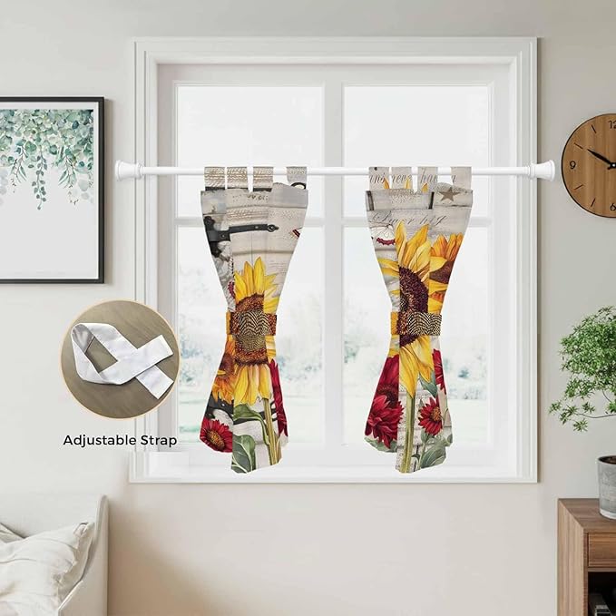 Red Yellow Sunflowers Bedroom Curtains 63 Inch Length, Window Curtains Tab Top, Retro Rustic Barn Doors Butterfly Brown Light Filtering Window Treatments Drapes 42"x63" 2 Panel