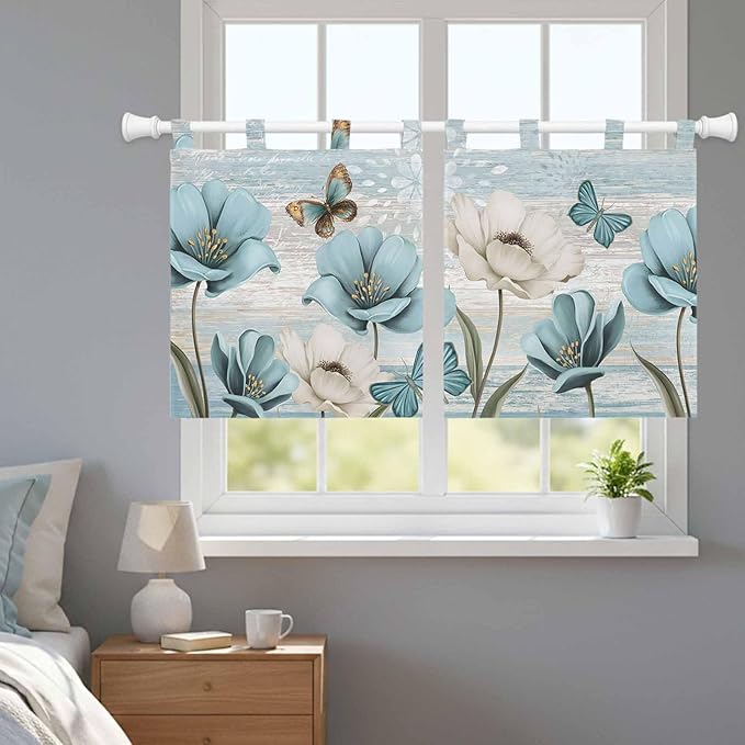 Spring Floral Kitchen Curtains 24 Inch Length, Small Window Curtains Tab Top, Vintage Tulips Flower Butterfly Retro Wood Blue Light Filtering Short Window Treatments Tier Drapes 27.5"x24" 2 Panel