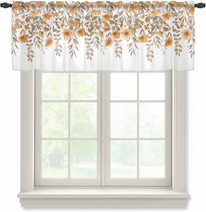 Spring Summer Flowers Sheer Valance Curtains, Vintage Watercolor Orange Floral Leaf Plant Light Filtering Kitchen Valances Rod Pocket Voile Curtain Treatment for Bedroom/Living Room/Basement 54Wx18L