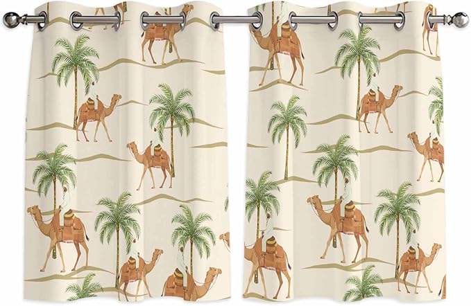 2 Panel Kitchen Cafe Curtains, Date Coconut Tree Sunlight Filtering Nature Air Through, Home Decor Window Covering Tier Curtains for Bedroom Living Room Desert Camels Botanical Tropical Beige
