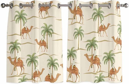 2 Panel Kitchen Cafe Curtains, Date Coconut Tree Sunlight Filtering Nature Air Through, Home Decor Window Covering Tier Curtains for Living Room 104W x 52L inch Desert Camels Botanical Tropical Beige