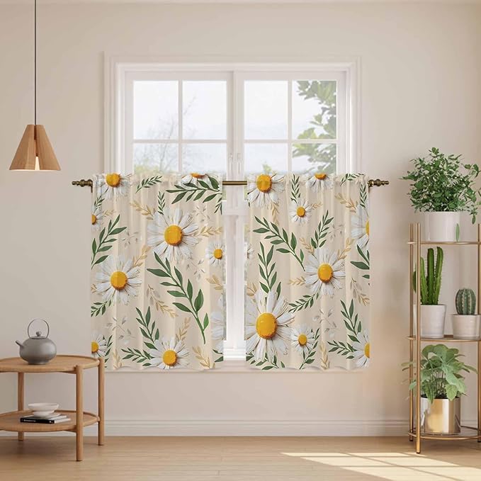 Spring Daisy Tier Curtains, Country Watercolor Flower Leaf Plant Light Filtering Kitchen Curtains, 2Pcs Rod Pocket Half Window Treatments Panels for Sink Cafe Cabinet Basement 27.5x45 Inches