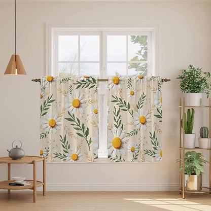 Spring Daisy Kitchen Curtains, Country Watercolor Flower Leaf Plant Light Filtering Window Curtain Panels, 2Pcs Rod Pocket Window Treatments Set for RV Dining Room Study Room 42x54 Inches