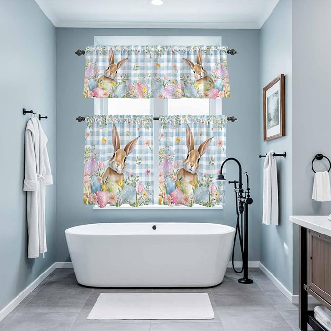 Kitchen Curtains Tiers and Valance Set of 3, Easter Light Filtering Window Curtain Set, Spring Rabbit Eggs Seasonal Flowers Blue Lattice Rod Pocket Curtain Drapes for Living Room, 36 Inches Tiers