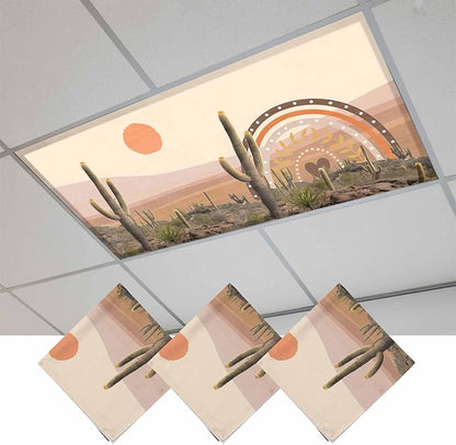 Fluorescent Light Covers for Ceiling Lights Cactus Desert Magnetic Light Filters 3 Pack 4x2 ft Sun Mountain Rainbow Bohemian Style Ceiling Lights Cover for Classroom Office School Home Drop Lamp Decor