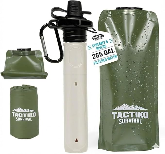 Tactiko Survival 20oz/600ml Purifying Water Bottle Filter Kit - Filter 265 Gal. Water from Rivers, Lakes & Streams - SGS Certified - UF Membrane, Activated Carbon - Camping, Hiking, Emergency (Green)
