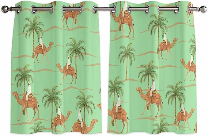 2 Panel Kitchen Cafe Curtains, Desert Camels Sunlight Filtering Nature Air Through, Home Decor Window Covering Tier Curtains for Living Room 104W x 52L inch Tropical Date Palm Trees Animal Green