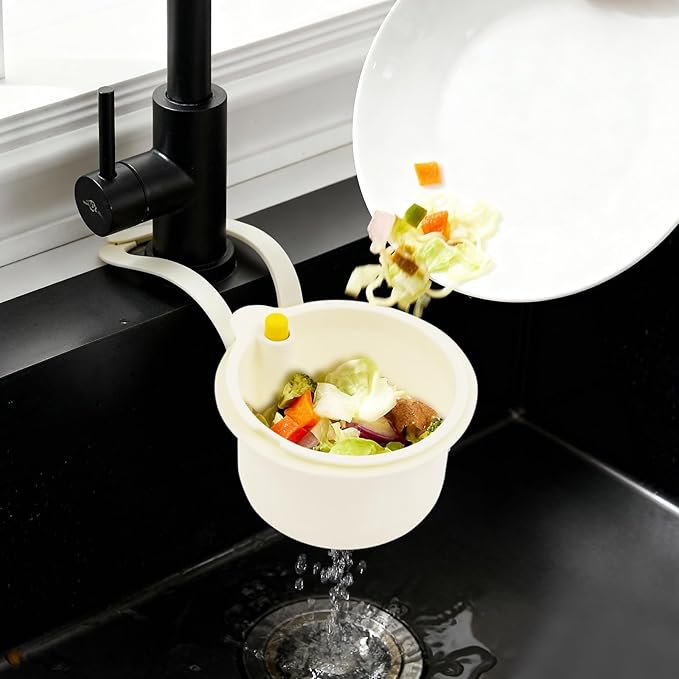 JOMCYDM Kitchen Sink Basket, Faucet Hanging Draining Basket, Kitchen Waste Catcher Hands-Free Press to Empty, Prevents Clogs & Messy Scraping (White)