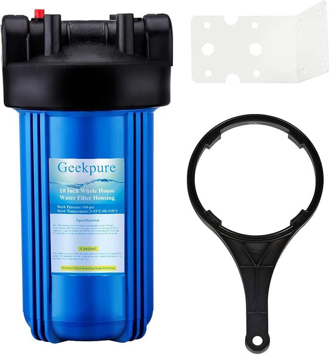Geekpure 10-Inch Whole House Big Water Filter Housing-Fit for 4.5"x10"Filters -Blue-1 Inch Brass Port (1)