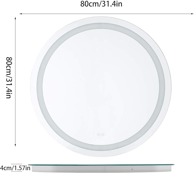 Illuminated Bathroom Mirror 800 x 800 MM Round LED Wall Mounted Vanity Mirror with Touch Sensor and Demister Pad Anti -Fog Makeup Mirror for Home Hotel IP44 Rated