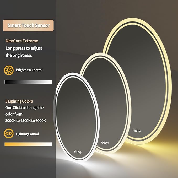 LUVODI Lighted LED Bathroom Mirror: 32”x24” Oval Wall Mounted Dimmable Makeup Mirror Anti-Fog with Back Lit - Illuminated 3 Colors Vanity Mirrors with Demister Pad Smart Touch Switch IP56 Rated