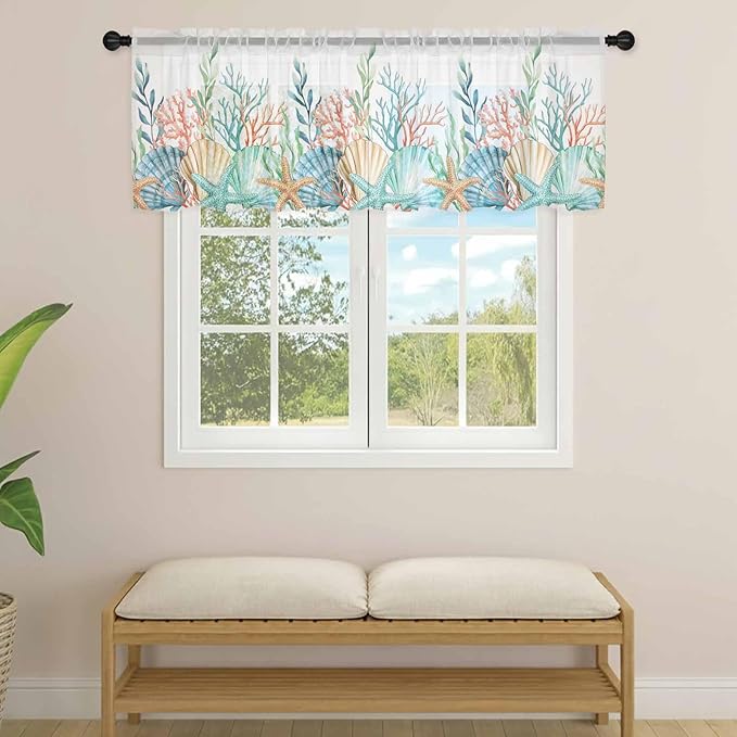 Summer Beach Sheer Valance Curtains, Ocean Colorful Coral Shell Seaweed Starfish Light Filtering Kitchen Valances Rod Pocket Voile Curtain Window Treatment for Bedroom/Living Room/Basement 42Wx18L