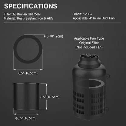4 Inch Replacement Air Carbon Filter, Smellines Control Filtration with Australia Virgin Charcoal for Grow Tent, Inline Duct Fan, Hydroponics, Odor Scrubber, Greenhouse Ventilation System