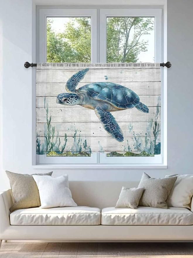 Sheer Curtains 45 Inch Length, Teal Green Ocean Turtle Semi Sheer Curtains Light Filtering Window Treatment, Coastal Seaweed Wood Grain Privacy Voile Drapes for Living Room Bedroom 52x45 Inch