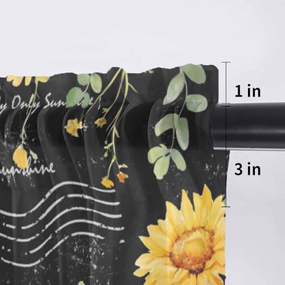 Summer Floral Sheer Valance Curtains, Watercolor Sunflower Eucalyptus Leaves Letter Print Light Filtering Kitchen Valances Rod Pocket Voile Curtain Treatment for Bedroom/Living Room/Basement 42Wx12L