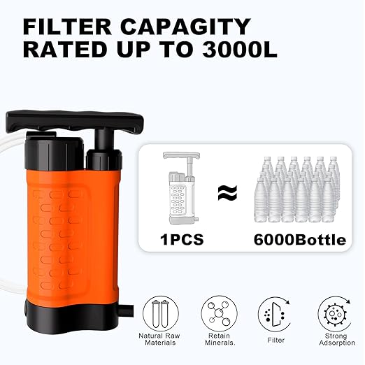 Portable Water Filter Pump, 0.01 Micron Manual Survival Water Purifier for Camping Hiking Backpacking Emergency, Fast Flow Removes Harmful Substances & Sediment (K8188-Orange)