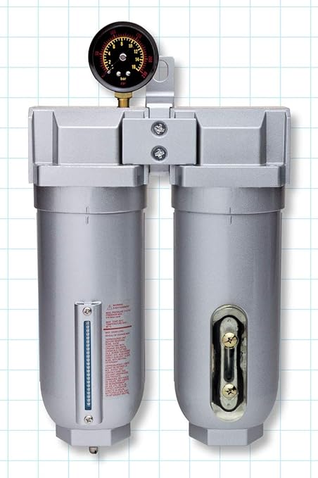 Rockwood 1/2 in. Npt 2 Stage Air Drying System Particulate Air Filter Coalescing Filter Air Pressure Regulator Combo - Metal Bowl, Auto Drain, Bracket, Gauge