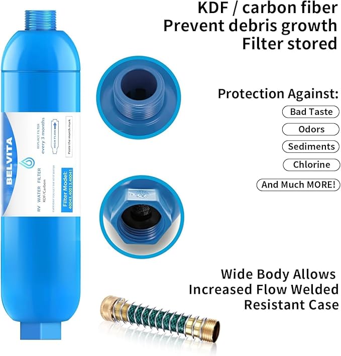 BELVITA RV Inline Marine Water Filter, Reduces Chlorine, Bad Taste, Odor for RVs,NSF Certified with Flexible Hose Protector (Pack of 4)
