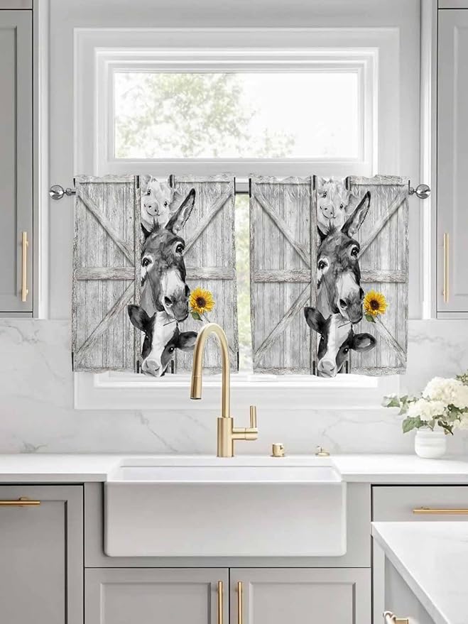 Grey Farmhouse Half Window Curtains 24 Inches Long, Vintage Sunflowers Animals Printed Window Treatment Curtain Drapes, Short Curtains Tiers for Kitchen Over Sink, 27.5"x24", 2 Panels