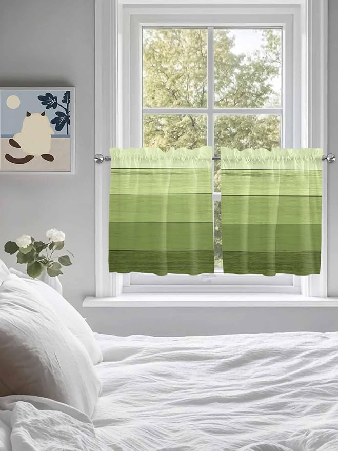 Gradient Green Wooden Board Window Valance Curtains, Retro Country Wood Grain Light Filtering Kitchen Valance with 3-inch Rod Pocket for Living Room Bathroom Bedroom,2 Panel,27.5x36In