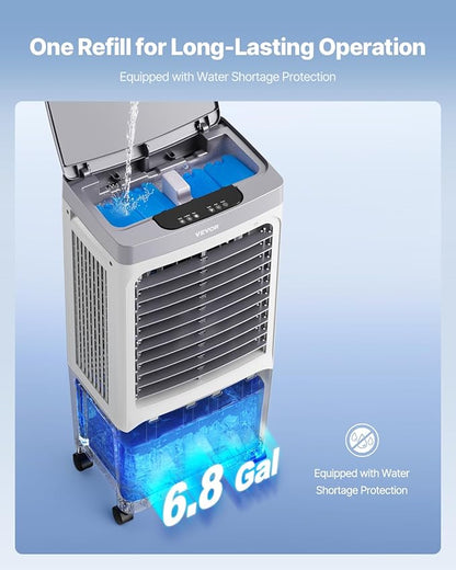 VEVOR Evaporative Air Cooler & Swamp Cooler, 1800 CFM Air Conditioner with 6.8 Gallon Water Reservoir, Remote Control, 12H Timer, 4 Ice Containers, 3 Fan Speeds, Air Humidifier, and Silent Operation