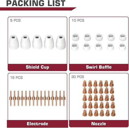 ARCCAPTAIN 60PCS PT31 Plasma Cutting Consumables Fit CUT-45 CUT-50 CT-312 MIG205MP with Plasma Cutter Torch PT-31 JG-40 LG-40