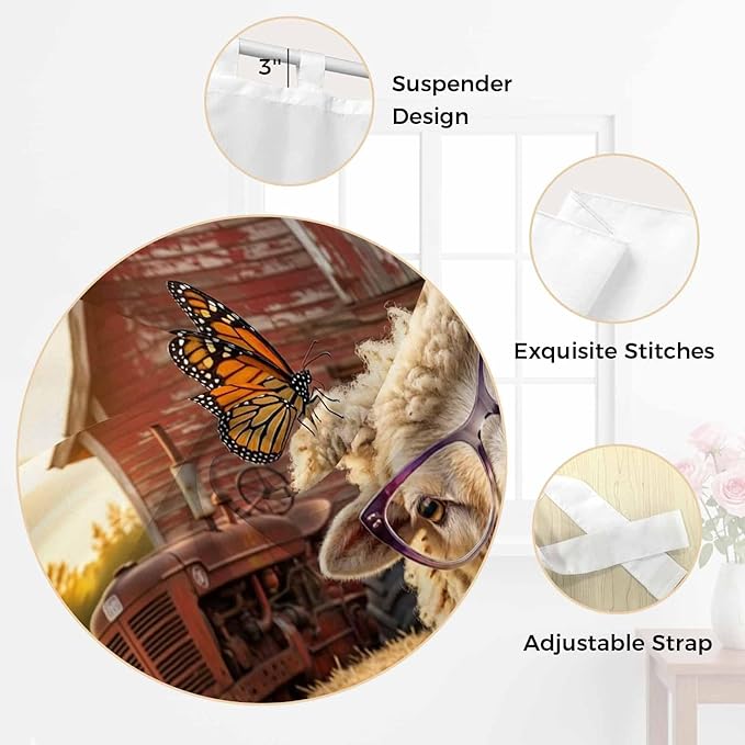Farm Sheep Living Room Curtains 84 Inch Length, Window Curtains Tab Top, Farmhouse Barn Funny Animals Butterfly Light Filtering Window Treatments Drapes 52"x84" 2 Panel