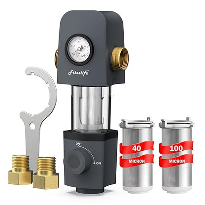 Frizzlife 40 & 100 Micron Spin Down Sediment Water Filter with Pressure Display and Built-in Scraper, Reusable and Flushable Whole House Pre-Filtration System, 1" + 3/4" NPT, BPA Free, JG40-100