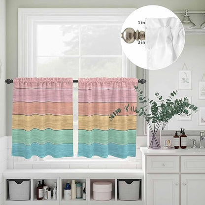 Kitchen Window Curtains Valance and Tier Set, Farm Colorful Wooden Plank Rod Pocket Tier Curtain Valance Set, Rustic Wood Grain Barn Light Filtering Cafe Curtains for Bedroom Living Room