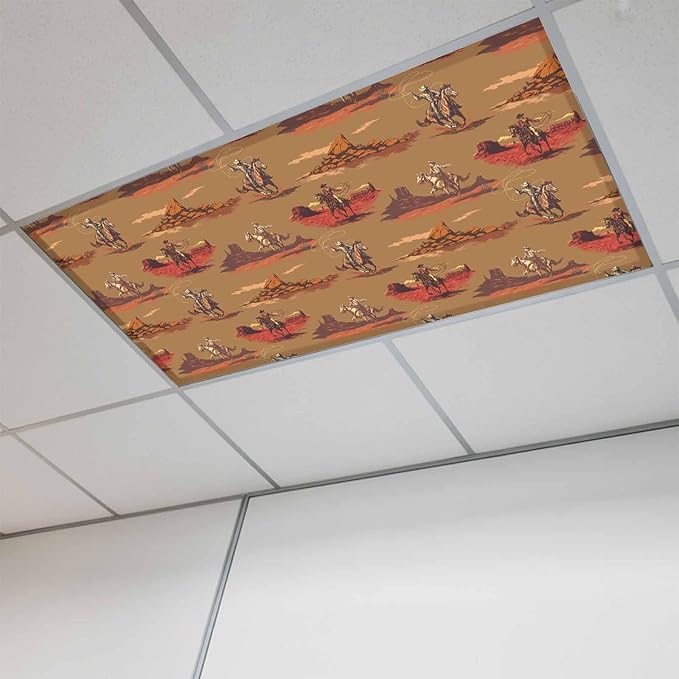 Cowboys Horses 1 Pc Fluorescent Light Cover 4 x 2 Feet, Desert Ethnic Winds Brown Background Covers for Ceiling Lights Magnetic Light Cloth Filter for Classroom Office Home