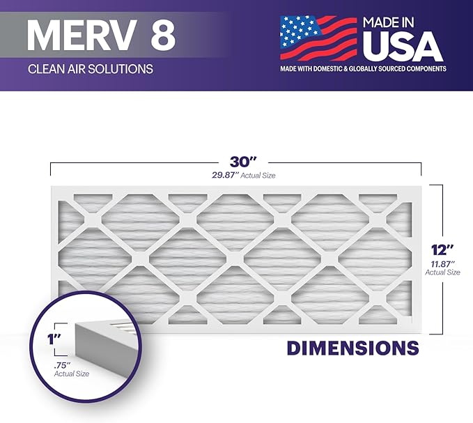 BNX TruFilter 12x30x1 Air Filter MERV 8 (4-Pack) - MADE IN USA – Dust & Pet Defense Electrostatic Pleated Air Conditioner HVAC AC Furnace Filters for Dust, Pet, Mold, Pollen MPR 600 – 700 & FPR 5