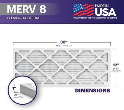 BNX TruFilter 12x30x1 Air Filter MERV 8 (4-Pack) - MADE IN USA – Dust & Pet Defense Electrostatic Pleated Air Conditioner HVAC AC Furnace Filters for Dust, Pet, Mold, Pollen MPR 600 – 700 & FPR 5