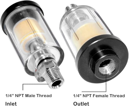 beduan Water Oil Separator Filter, 1/4" NPT Male and Female Thread Spray Gun Filters Air Compressor Fitting Compressed Black（Pack of 2）