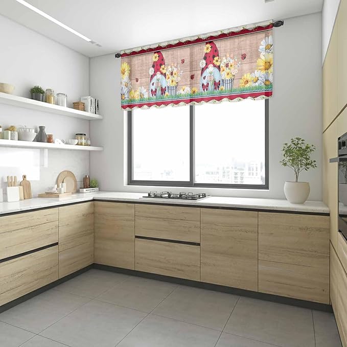 Ladybug Gnome Sheer Valance Curtains, Country Summer Rustic White Yellow Daisy Floral Wood Grain Light Filtering Kitchen Valances Rod Pocket Voile Curtain for Bedroom/Living Room/Basement 54Wx18L