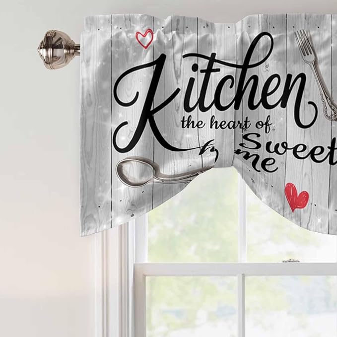 Kitchen Knife Fork Tie Up Valance Curtains for Windows, Kitchen Curtains Window Shades, Vintage Love Heart Grey Wood Grain Light Filtering Roman Curtain Valances for Bedroom/Bathroom/Cafe 60"x18"