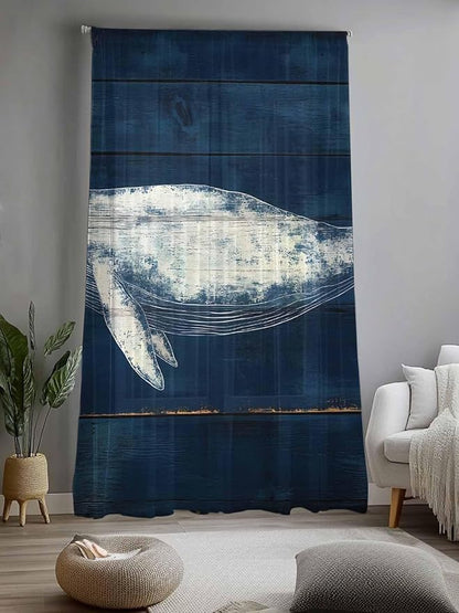 Sheer Curtains 84 Inches Long, Summer Whale Semi Sheer Curtains Light Filtering Window Treatment, Ocean Watercolor Wooden Grain Blue Privacy Voile Drapes for Living Room Bedroom 52x84 Inch