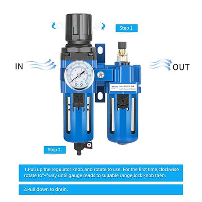 NANPU 3/4" NPT Compressed Air Filter Regulator Lubricator Combo, Water/Oil Trap Separator - Gauge(0-150 psi), Poly Bowl, Manual Drain, Bracket - AC4010-06M
