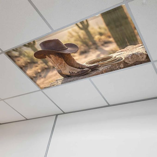 1 Pack Fluorescent Light Cover, Cowboy Western Light Covers for Ceiling Lights, Cowboy Hats Boots Desert Cacti Vintage Magnetic Lights Filters Ceiling Shade for Classroom/Office - 4 x 2 Feet