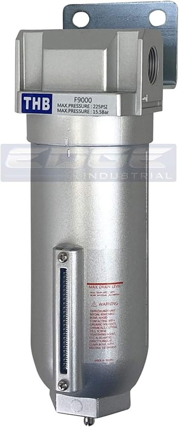 HEAVY DUTY INDUSTRIAL RATED HIGH FLOW PARTICULATE FILTER, IN-LINE WATER TRAP FOR COMPRESSED AIR LINE SYSTEMS, 5 MICRON WITH METAL BOWL (3/4" NPT, 11oz)
