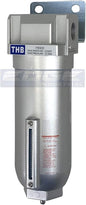 HEAVY DUTY INDUSTRIAL RATED HIGH FLOW PARTICULATE FILTER, IN-LINE WATER TRAP FOR COMPRESSED AIR LINE SYSTEMS, 5 MICRON WITH METAL BOWL (1" NPT, 11oz)