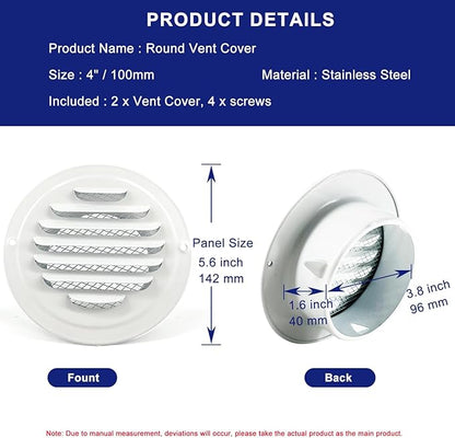 4 Inch Round Air Vent Covers,LouanXpert Stainless Steel Soffit Vent Covers Louvered Grille Cover Vent Flat Ducting Ventilation Air Outlet with Built-in Fine Mesh for House,Garage, RV(100mm - 2PCS)