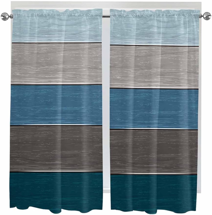 Retro Farm Blue Gray Wood Grain Window Valance Curtains, Rustic Wooden Plank Light Filtering Kitchen Valance with 3-inch Rod Pocket for Living Room Bathroom Bedroom,2 Panel,52x72In