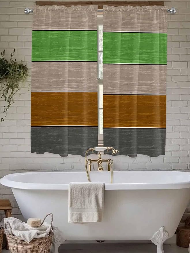 Farm Gray Green Brown Wood Grain Window Valance Curtains, Rustic Wooden Plank Light Filtering Kitchen Valance with 3-inch Rod Pocket for Living Room Bathroom Bedroom,2 Panel,52x72In