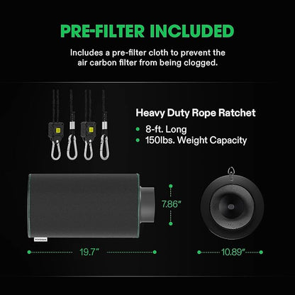 VIVOSUN 8 Inch Air Carbon Filter Smelliness Control with Australia Virgin Charcoal for Inline Fan, Grow Tent Smelliness Scrubber, Pre-Filter Included, Reversible Flange 8" x 20", Black